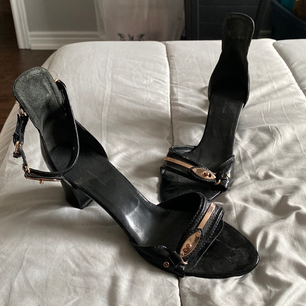 Balenciaga black leather rose gold heels